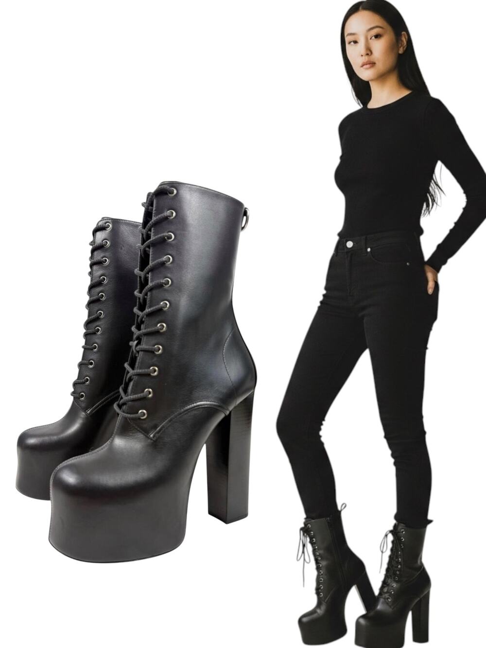New Saint Laurent Cherry Lace Up Leather Platform Boots Black Size 37.5